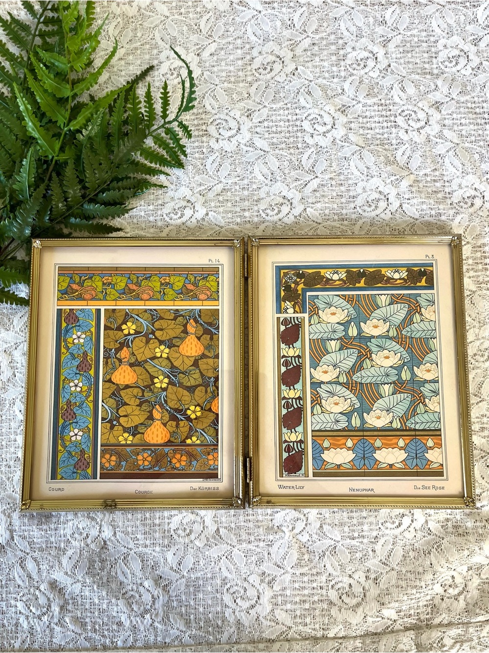 Vintage BiFold Framed Art Nouveau Gourd & WaterLily Decor 8x10